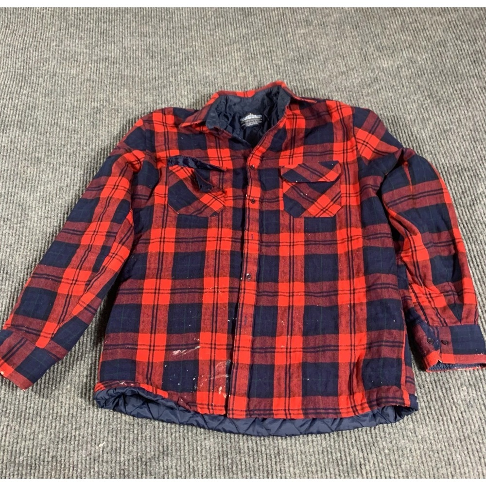 Vtg Backpacker Shirt Mens M Red Buffalo Plaid Button Up Lined Paint Grunge 90s